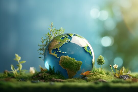 Earth Day Glass Globe in Lush Greenery Soft Lighting Vibrant Nature