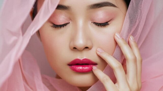 Young Asian woman with pink makeup and pink fabric over her head