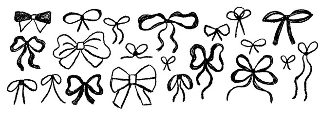 Bow drawing set with chalk. Hand drawn present knots and wrap pack isolated on white background. Collection for celebration design and anniversary
