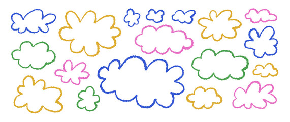 Hand drawn set of clouds in ink doodle style. Colorful communication abstract shapes.