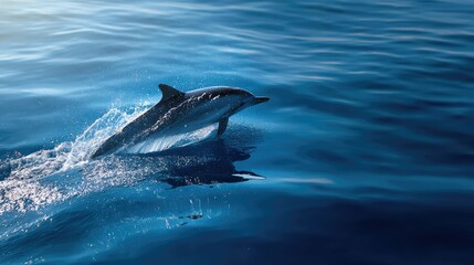 Fototapeta premium Horizon view of striped dolphin emerging in a graceful arc over deep blue sea under bright daylight