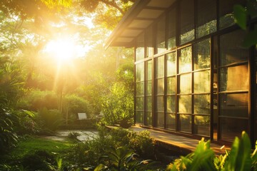 Obraz premium Sunlight streams through lush greenery onto a modern home.