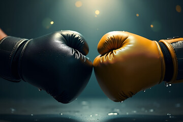 close-up of wet black and gold boxing gloves with cinematic lighting
