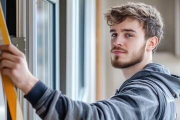 a worker cleans a window