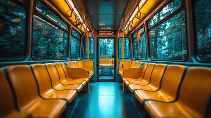 Fototapeta premium Empty urban transit interior, empty seats, city view, daytime