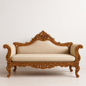 Royal classic ornate wooden carving frame elegant luxury diwan divan design bed sofa seat furniture on an empty white blank space background cushion collection 