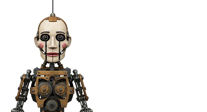 Animatronic robot automaton marionette puppet gears machinery mechanical android character design concept on transparent background