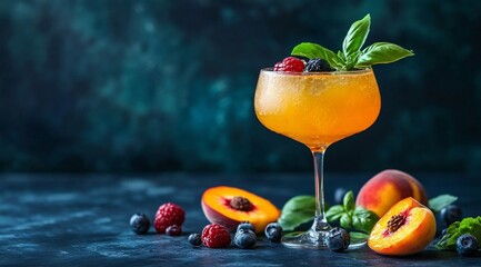 Vibrant cocktail in a coupe glass with basil, raspberries, and blackberries, surrounded by peaches, blueberries, and basil leaves on a dark, moody background.