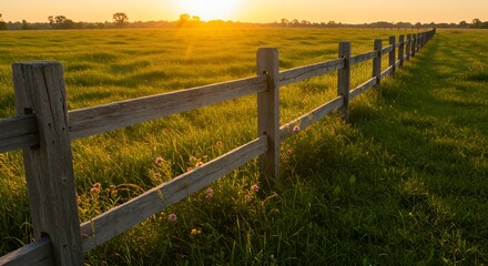 Fototapeta premium Wooden fence in a field during golden hour
