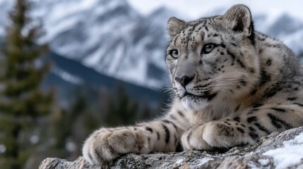Obraz premium Majestic snow leopard resting on a snow-covered rock in a mountain landscape