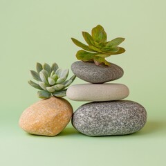 Fototapeta premium Arrangement Of Stones And Plants On Light Green Background