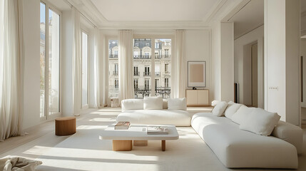 A large, open living room with white walls and white furniture