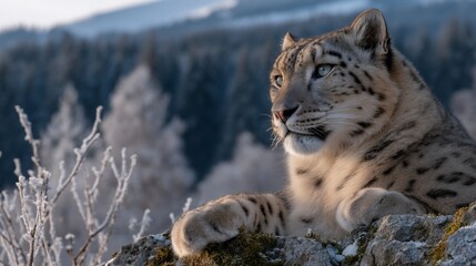 Fototapeta premium Majestic snow leopard resting on a frosty mountain peak