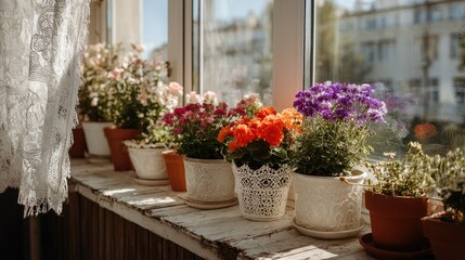 Fototapeta premium Narrow balcony with flower pots in various colors in front of a window with lace curtains, romantic vintage aesthetic