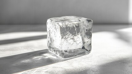 A single clear ice cube sitting on a white surface with a blurred background and soft light shining on it