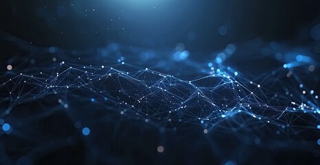 Abstract network of interconnected points and lines, creating a dynamic, flowing pattern against a dark background.  Detailed network structure in glowing blue, soft bokeh effect