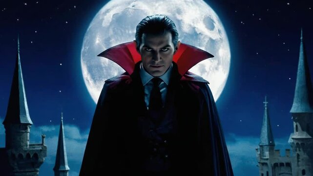 Dracula vampire in a tailored suit spreads his cape before a full moon and gothic spires. Concept of classic horror, mystery and supernatural power