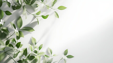 A white background with green leaves and flowers