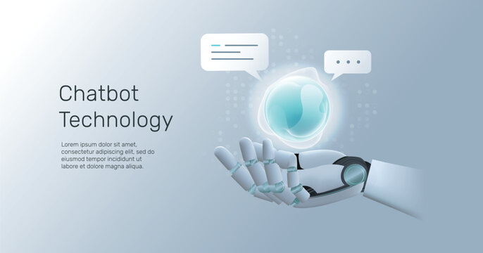 Chatbot abstract icon in humanoid hand, Personal assistant and voice recognition concept gradient, Artificial Intelligence (AI) technology innovation background.