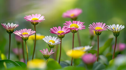 Colorful daisies in various shades of pink, yellow, and white. A beautiful floral background.