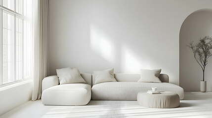 Minimalist home interior with soft light illuminating a modern seating area