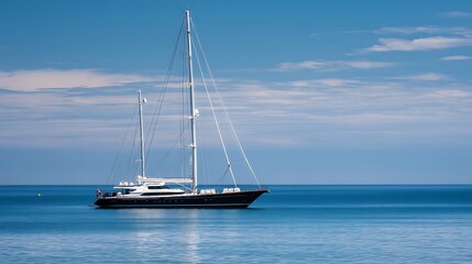 Fototapeta premium Large white sailboat with a black hull on a