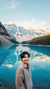 Drone like view of a smiling asian woman stands by a crystal lake with snow peaks mirrored in calm water in a vertical video frame. Concept of travel wonder, serenity and environmental splendour