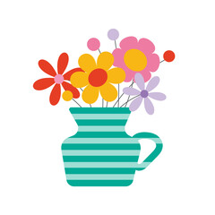 Bright flat vector illustration of a bouquet of colorful flowers in a striped teal vase. Cheerful and playful design, perfect for greeting cards, spring decor, packaging, textile prints, and commercia