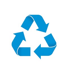 Blue recycling symbol with arrows pointing in a circle isolated on white background