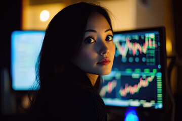 Businesswoman Analyzing Stock Market Charts at Moody Lighting