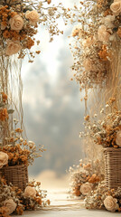 Dried floral archway backdrop, creamy beige and light brown tones, rustic woven baskets