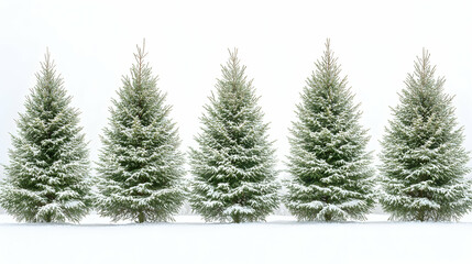 Fototapeta premium Five snow-dusted evergreen trees stand in a perfect row against a white background