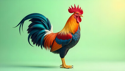 A proud and colorful French rooster illustrated in a minimalist style, standing tall with an elegant and spectacular tail featuring bold,
