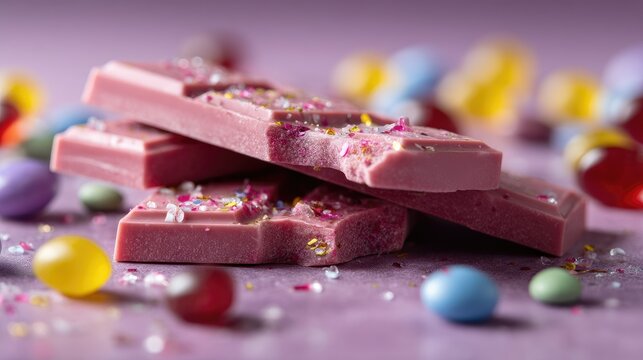 Trendy pink angel hair chocolate bar broken in pieces, with vibrant candy accents and a soft background