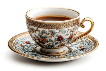 Elegant teacup and saucer displaying floral patterns with gold accents on a white background