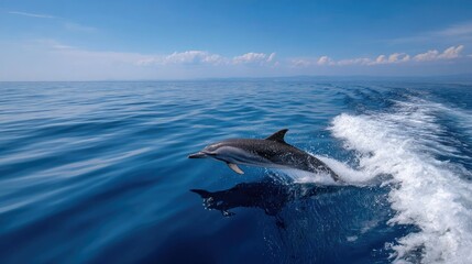 Fototapeta premium Wide-angle view of a striped dolphin breach over a brilliant blue ocean, isolated in motion