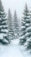 Obraz premium Snow-covered evergreen trees line a path through a misty winter forest