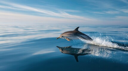 Wildlife photography of a striped dolphin performing an elegant jump against a calm sea horizon