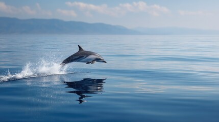 Fototapeta premium Wildlife photography of a striped dolphin performing an elegant jump against a calm sea horizon