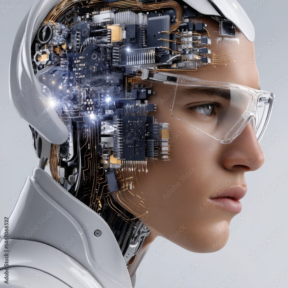 Poster a man with a robotic face is wearing glasses and has a serious expression