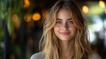 Young woman with long blonde hair smiling warmly in a cafe setting with soft bokeh lights and greenery in the background