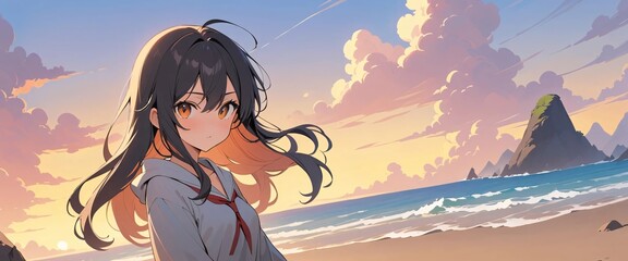 A serene and colorful anime-style illustration features a young girl in school uniform standing on a beach at sunset.