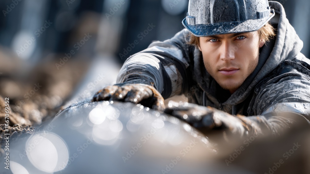 Poster a man in a hard hat and safety goggles is bending over to look at something