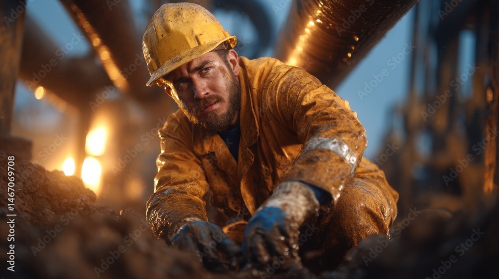 Poster a man in a yellow jacket is working in a dirty environment
