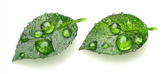 Two vibrant green leaves, glistening with water droplets, sit against a white background.  Each leaf displays intricate venation patterns