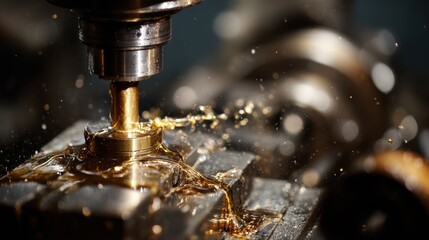 A stunning image of close up of a machining process with lubricating oil.