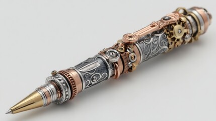 A stunning image of ornate and detailed steampunk style mechanical pen on white background.
