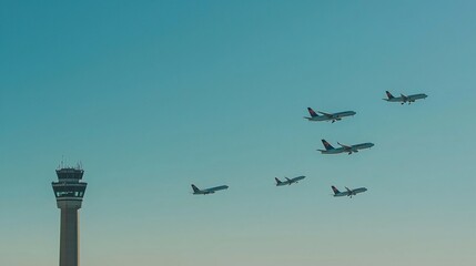 Multiple commercial airplanes flying in formation against clear blue sky with air traffic control tower in distance. Aviation fleet teamwork, air transportation and flight coordination concept.