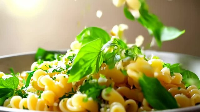 Close Up Food Stock Video Featuring Spiralli Pasta Topped with Fresh Basil Leaves and Falling Parmesan Cheese in Natural Sunlight Italian Cuisine Vegetarian Dish Gourmet Meal