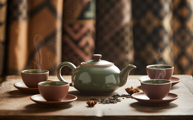 Obraz premium Moody Still Life of Traditional Tea Ceremony with Rustic Clay Pottery